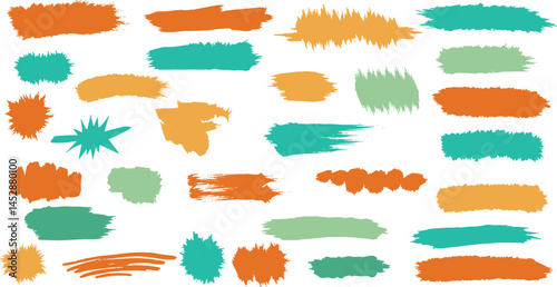 Vintage color brush paint stroke set. Kids hand drawn lines, squiggles, scratches, color swatches.