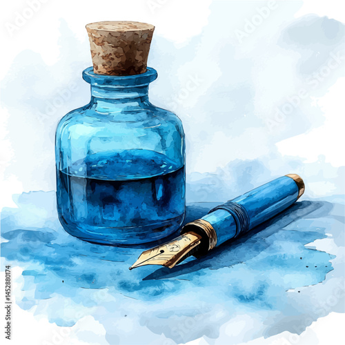 illustration of Classic Fountain Pen With Ink Bottle, watercolor vector, isolated on a white background.