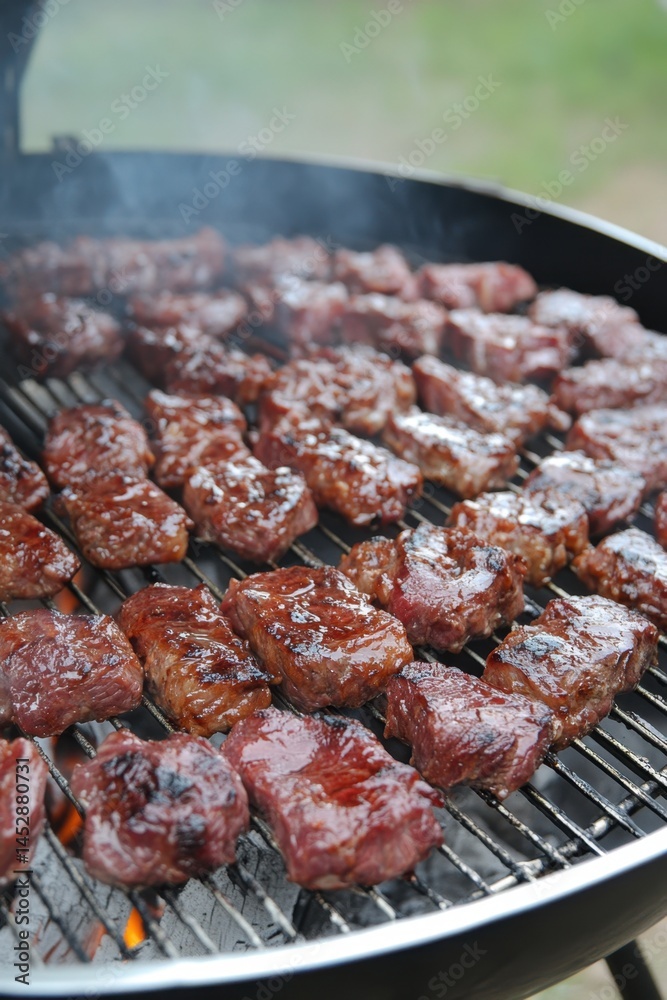 Delicious grilled beef cubes sizzling on a barbecue grill with smoke rising in the air ready to serve offering a tasty and savory experience for meat lovers Delicious grilled beef cubes sizzling on a barbecue grill with smoke rising in the air ready to serve offering a tasty and savory experience for meat lovers