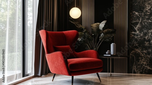 Red velvet armchair in modern interior dark colors marble texture