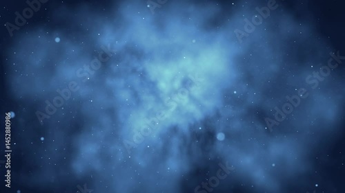 Blue Space Cloud Flight Background 4K Loop features a view flying into a blue space cloud atmosphere with white particles flying toward you in a loop.