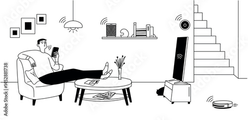 Smart home, man using smart home control system in smartphone. Various electronics with smart functions. Vector doodle illustration, banner