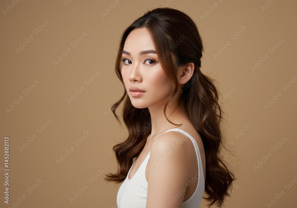 Beautiful woman portrait with long brown wavy hair tan girl skin look model style Beautiful woman portrait with long brown wavy hair tan girl skin look model style