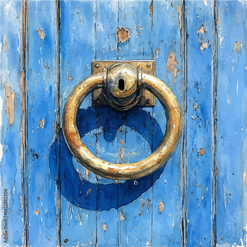 Classic Brass Door Knocker, watercolor vector, isolated on a white background.