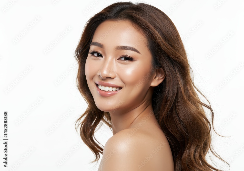Beautiful woman smiling with long brown wavy hair face skin girl care model happy Beautiful woman smiling with long brown wavy hair face skin girl care model happy