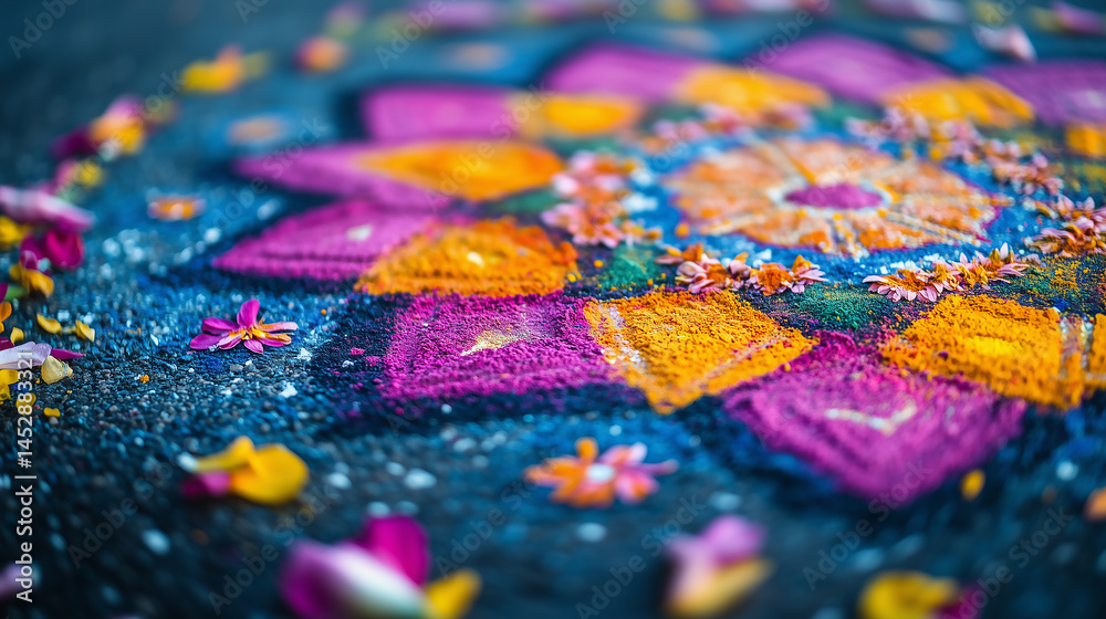 Obraz premium Traditional Indian Rangoli with Color Powders and Flowers – Holi Festival Celebration Close-Up