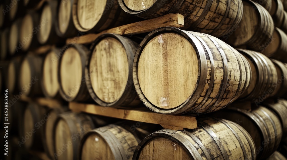 Aged Whiskey Barrels Stacked Oak in Distillery Warehouse. Aged Whiskey Barrels Stacked Oak in Distillery Warehouse.