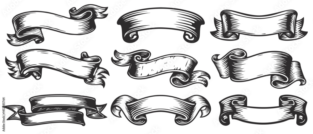 Set vintage ribbons curling, waving, creating sense of elegance, tradition, perfect for adding touch of classic style to any project.