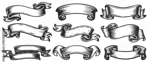 Set vintage ribbons curling, waving, creating sense of elegance, tradition, perfect for adding touch of classic style to any project.