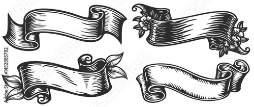 Set detailed vintage ribbons curling gracefully, hand drawn in classic sketch style, offering decorative graphic element for design projects.