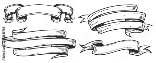 Set detailed vintage ribbons curling gracefully, hand drawn in classic sketch style, offering decorative graphic element for design projects.