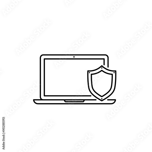 Laptop with shield icon in linear security style