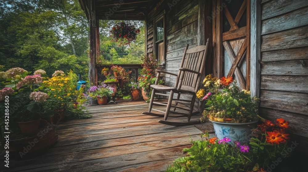 Obraz premium Rustic porch with rocking chair and flowers