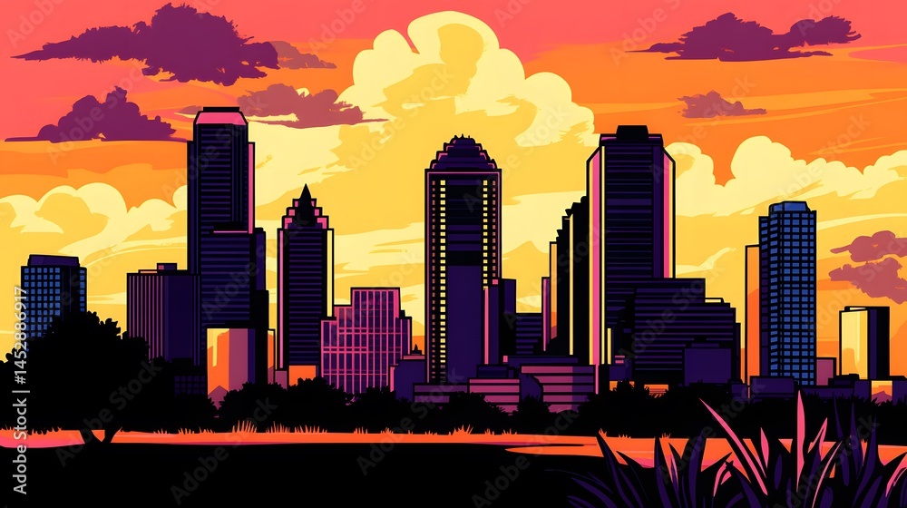 Fototapeta premium Vibrant Cityscape at Sunset Skyline Illustration