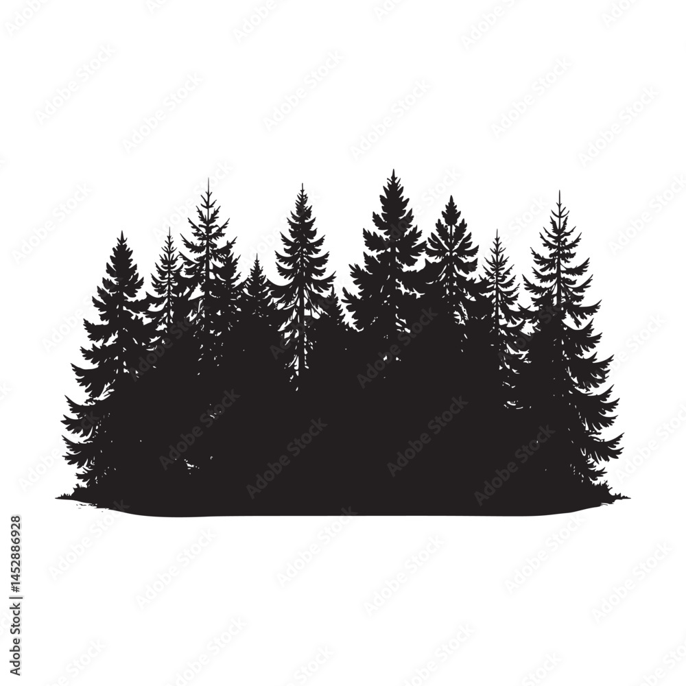 Obraz premium Pine trees silhouettes. Evergreen coniferous forest silhouette, nature spruce tree park view vector illustration. Coniferous woods silhouette