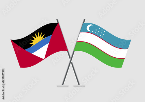 Antigua and Uzbekistan vector flags in mutual support illustration
