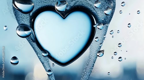 Heart shape in water droplets on frosted glass.  Possible use Romantic, love, greeting card, etc.