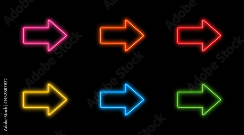 Vibrant neon right arrow signs in multiple colors on black background, vector illustration