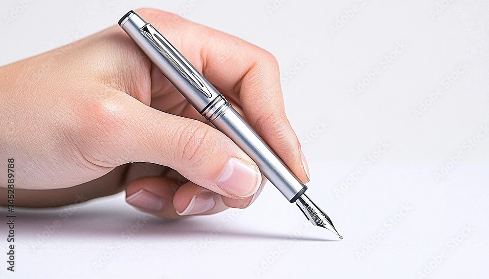 Close-up of a hand holding a silver pen over a sheet of paper. Close-up of a hand holding a silver pen over a sheet of paper.