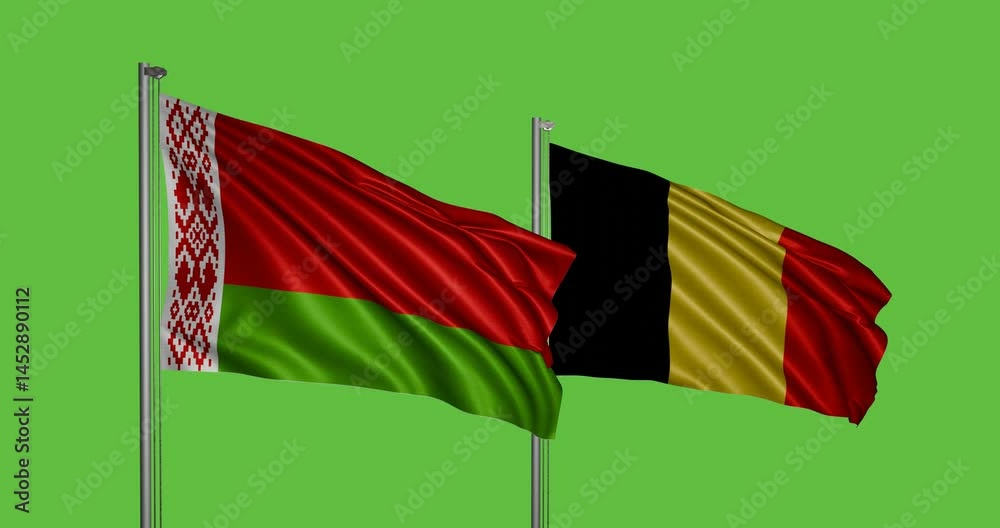 Belarus and Belgium 3D flags, Emblems of tradition in the air, chroma key background