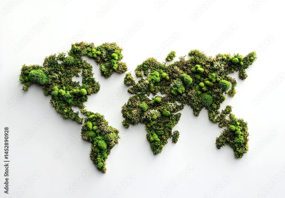 World map-shaped moss arrangement on white background. World map-shaped moss arrangement on white background.