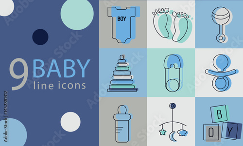 Cute baby line icon set