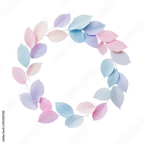 Pastel colored leaves arranged in a circle on white background