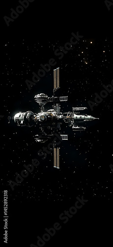 Tiny space station in deep space minimalist panorama on black background