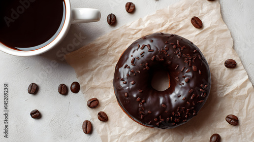 Top Down View of Chocolate Ganache Donut on Crumpled Parchment Paper with Coffee Beans and a Mug