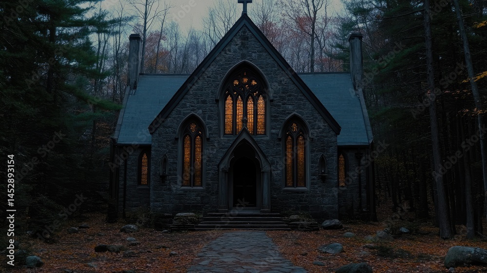 Obraz premium Stone church shrouded in a forest at twilight.
