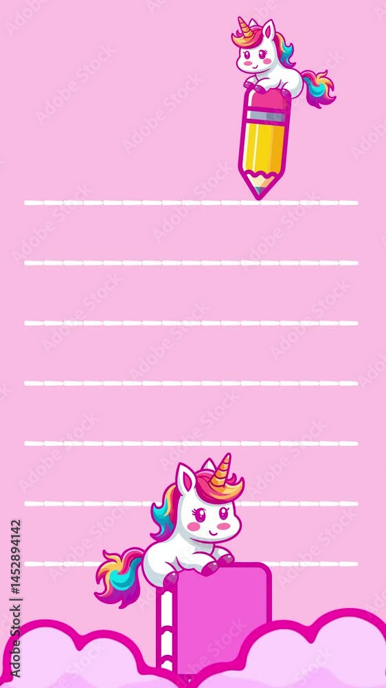 a pink unicorn is sitting on top of a book and pencil