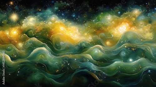 An abstract painting depicts swirling cosmic energy and starlight in space