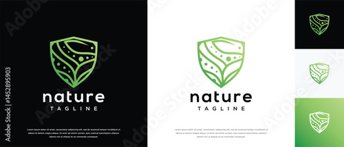 Nature shield logo design template. Vector icon of nature shield logo design with leaves made with lines