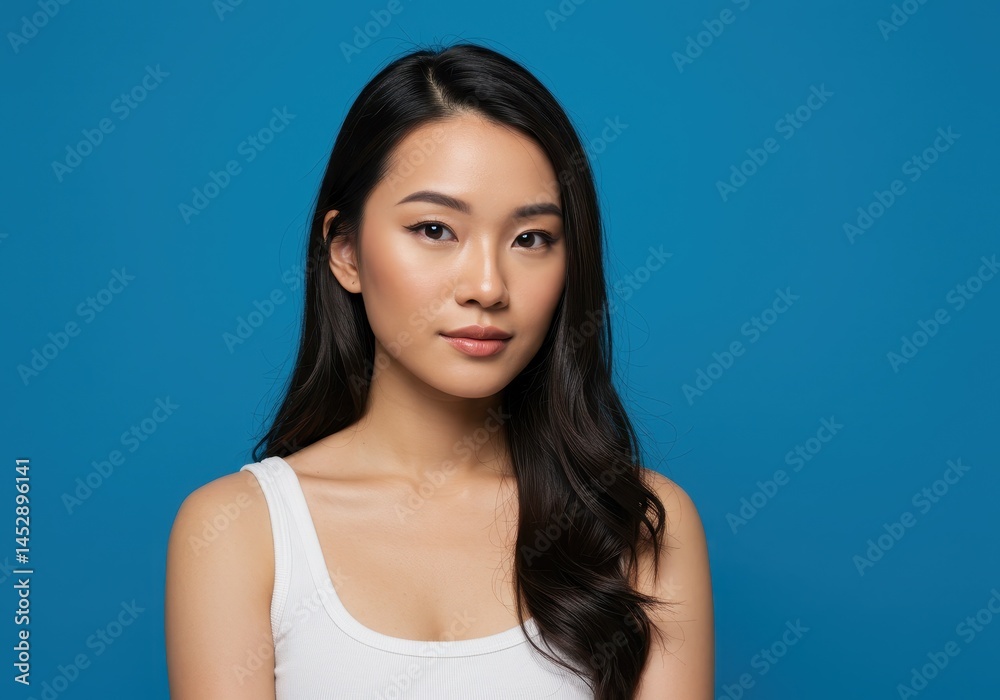 Fototapeta premium Beautiful asian woman portrait studio shot with long black hair against a vibrant blue background