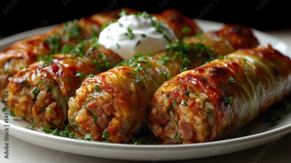 Stuffed cabbage rolls on a plate topped with sour cream and herbs. Stuffed cabbage rolls on a plate topped with sour cream and herbs.