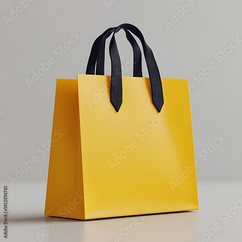 A vibrant yellow shopping bag with black ribbon handles