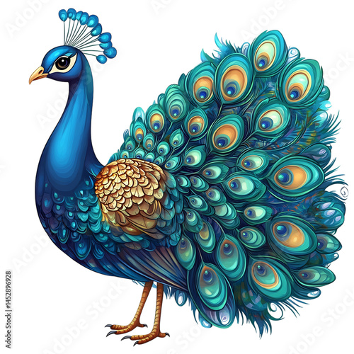 Cartoon Peacock Strutting Through Garden Iridesc Isolated on Transparent Background