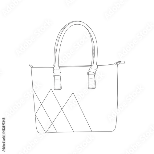 Ladies bag outline simple sketch, Elegant leather handbag, Line Art Bag Illustration, Vector doodle illustration front view, isolated on white background, Tote Bag for Women.