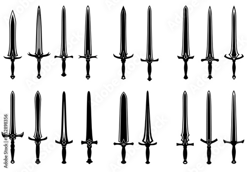 Collection of medieval swords vector illustration for design and print black and white sword set drawing
