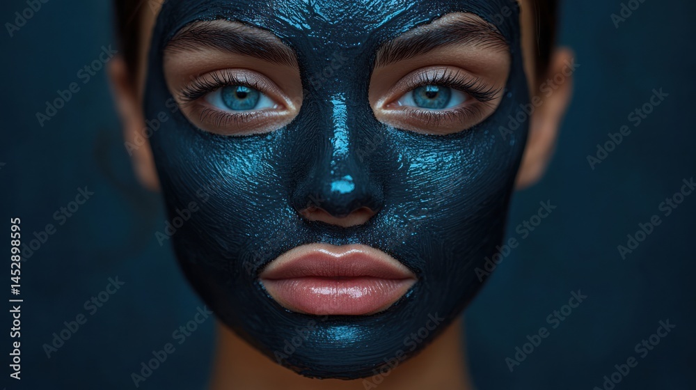 Fototapeta premium Woman with blue eyes wearing a dark face mask against a dark background.