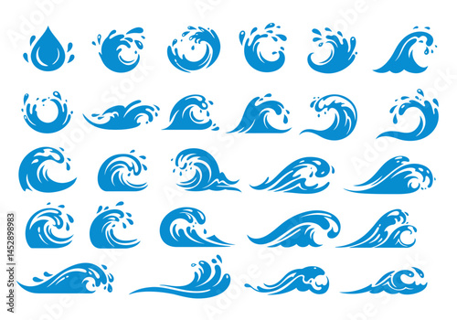 Vector blue water wave set ocean sea surf liquid nature abstract splash graphic design illustration icon 100
