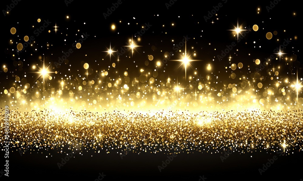Obraz premium Golden glitter sparkle lights on black background, festive celebration design