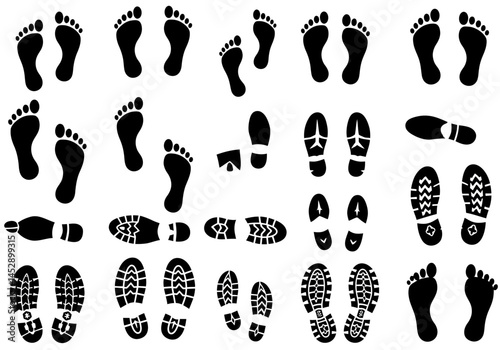 Footprints and shoe prints vector illustration, set of human footprints and shoe sole prints design 100
