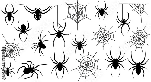 Spiders and spiderwebs vector seamless pattern halloween background scary illustration black and white design
