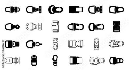 Vector set of buckle clip snap hook carabiner clasp swivel trigger lobster black and white outline icons
