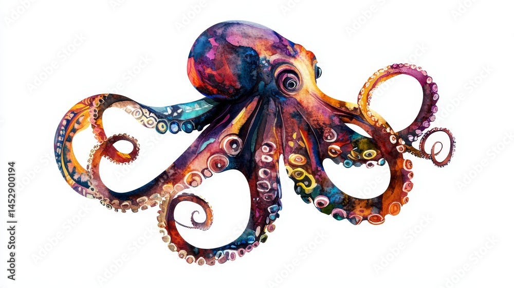 Fototapeta premium Vibrant Octopus Art - Colorful octopus illustration, perfect for marine-themed designs, websites, or prints. A striking of an octopus with a vibrant color palette