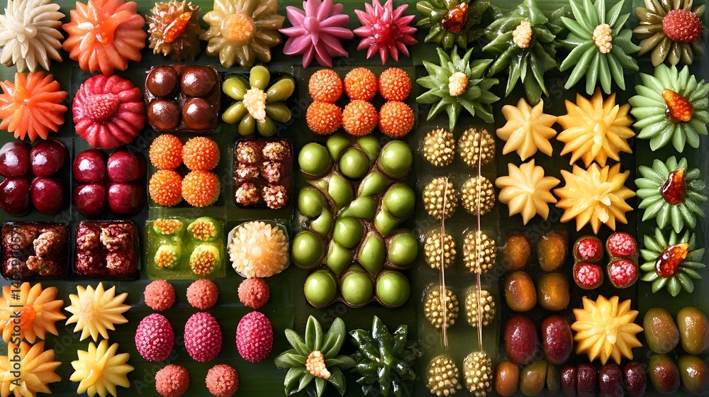 Fototapeta premium Vibrant Colorful Asian Sweets Dessert Collection