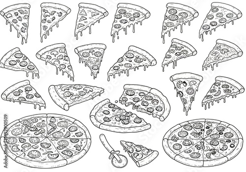 Pizza slices vector illustration drawing for coloring book page or food menu design template isolated art
