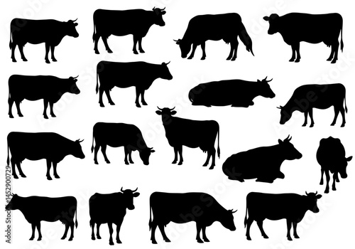 Black cow silhouette vector art illustration, farm animal graphics, dairy cattle herd design element vector
