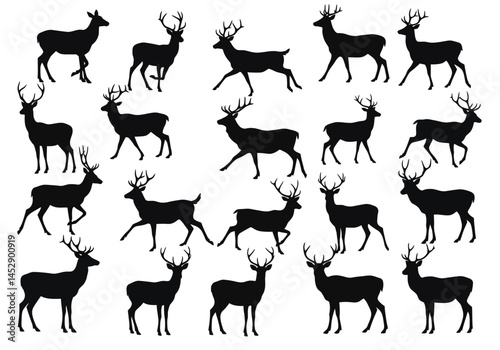 Deer silhouette vector art graphic design elements buck stag reindeer wildlife animal illustration set isolated on white
